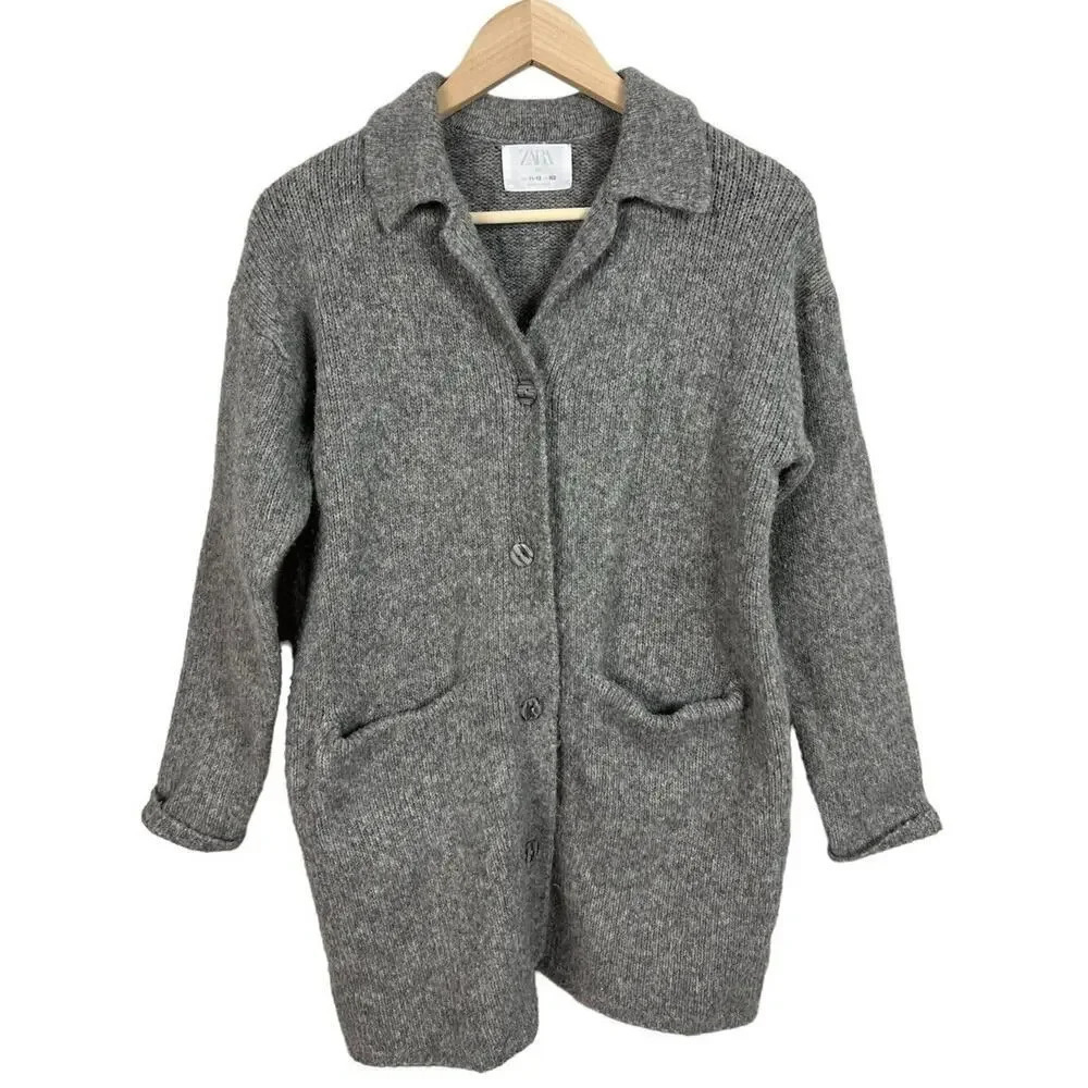 Zara Kid’s Girl Gray Wool Blend Button Up Sweater Collared Size 11-12 Knit